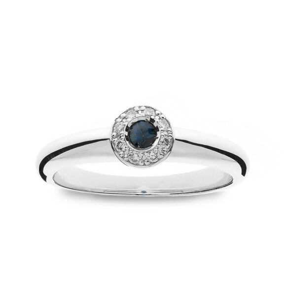 Zlatara AS verenički prsten od belog zlata sa centralnim kamenom plavim safirom, kružnog brusa, model K166, prsten sa laboratorijskim ili prirodnim dijamantom, mojsanitom, moissanite