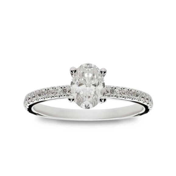 Zlatara as raskošni verenički prsten od belog zlata sa centralnim kamenom ovalnog oblika, težine oko 0,9ct, dimenzija 7x5mm, sa 22 akcentna kamena težine 0,22ct,model k393 prsten sa laboratorijskim ili prirodnim dijamantom, mojsanitom, moissanite