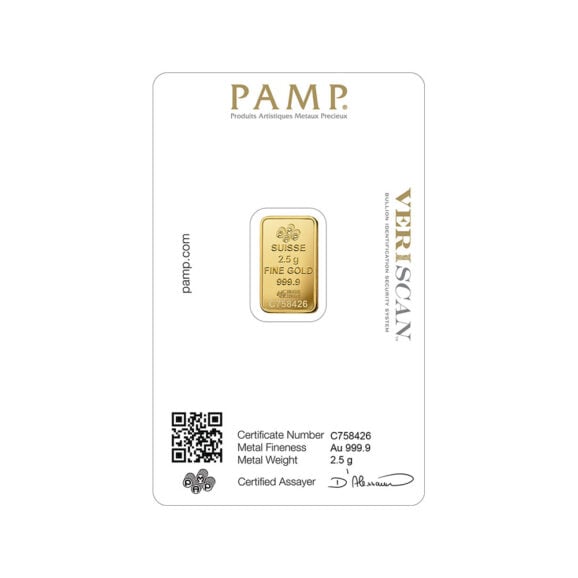 Investiciono zlato 999,9, pamp zlatna pločica 2,5g revers