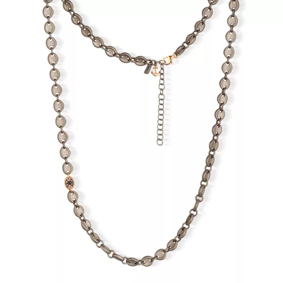 Muška ogrlica od titanijuma sa mornarskim karikama od titanijuma, karikom od roze zlata i crnim dijamantom