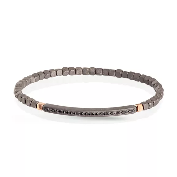 Elastična muška titanijumska narukvica, sa 9k zlatom i pločicom u kojoj je ufasovano 25 crnih dijamanata