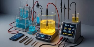 Laboratorija za rodiniranje nakita od zlata, sa prikazanim rodijumom u kome je umočen prsten koji se rodinira