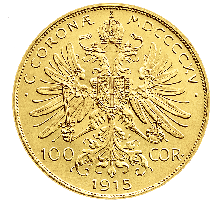 Franc Jozef 100 Kruna, revers, istorijski reizdat novčić iz 1915. godine, 33,88g, zlato 900 finoće