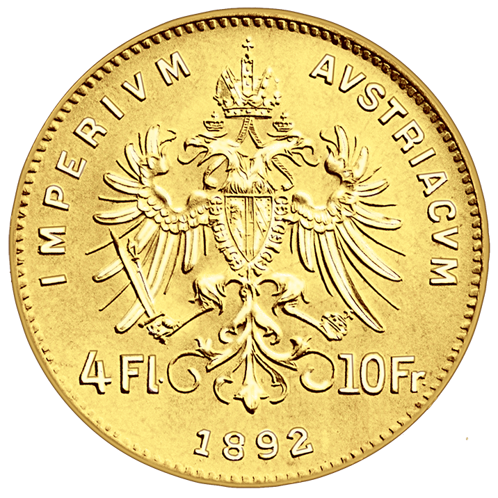Franc Jozef 4 guldena, revers, istorijski reizdat novčić iz 1892. godine, 3,23g, zlato 900 finoće