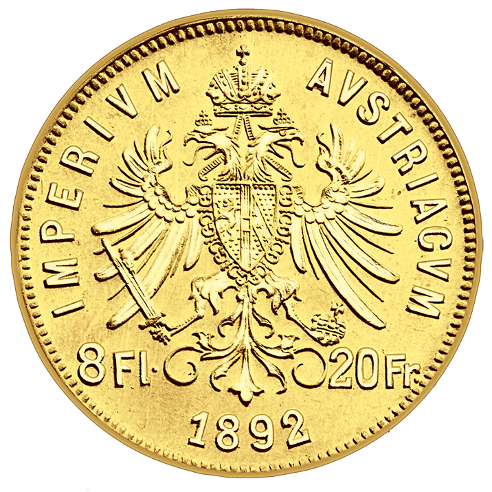Franc Jozef 8 guldena, avers, istorijski reizdat novčić iz 1892. godine, 6,45g, zlato 900 finoće