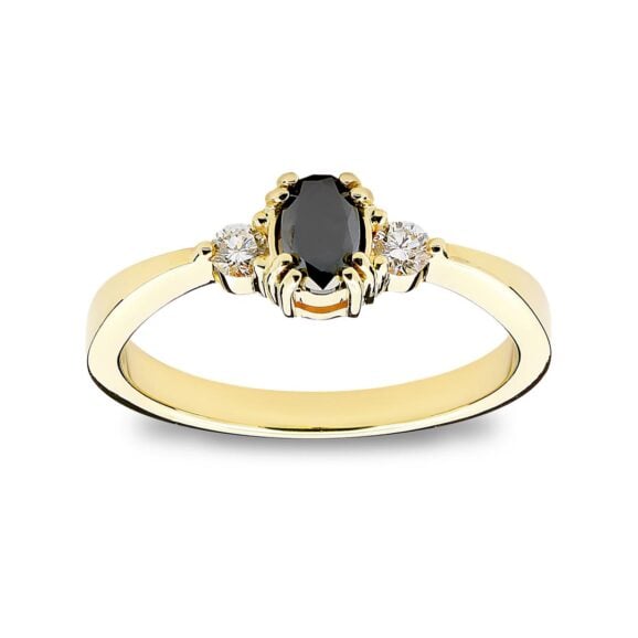 Zlatara AS memory verenički prsten od žutog zlata sa centralnim kamenom crnim dijamantom, oval oblika, brilijant brusa, težine oko 0,45ct, sa dva bočna kamena težine 2x0,05ct, model K191, prsten sa laboratorijskim ili prirodnim dijamantom, mojsanitom, moissanite