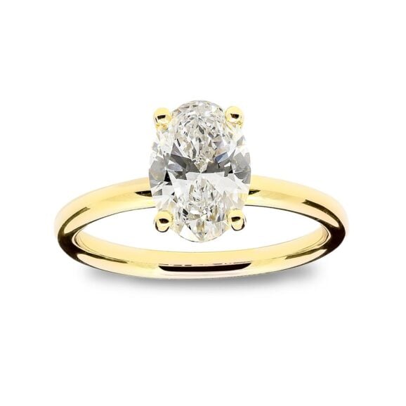 Zlatara as klasičan verenički prsten od žutog zlata sa centralnim kamenom ovalnog brusa, težine oko 1,5ct, model k3874-15, prsten sa laboratorijskim ili prirodnim dijamantom, mojsanitom, moissanite