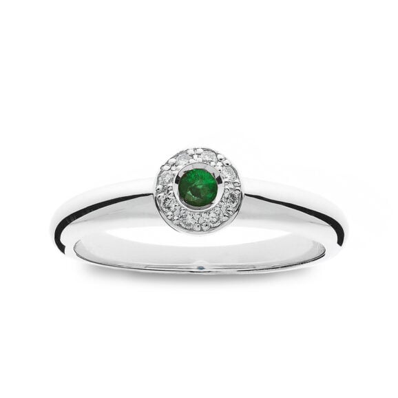 Zlatara AS verenički prsten od belog zlata sa centralnim kamenom zelenim smaragdom, kružnog brusa, model K166, prsten sa laboratorijskim ili prirodnim dijamantom, mojsanitom, moissanite