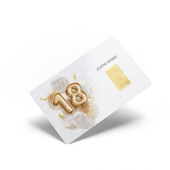 Zlatni gram kartica sa 1g fine gold, čistoće 999, investiciono zlato u vidu poluge u blisteru, poklon, motiv 18. Rođendan