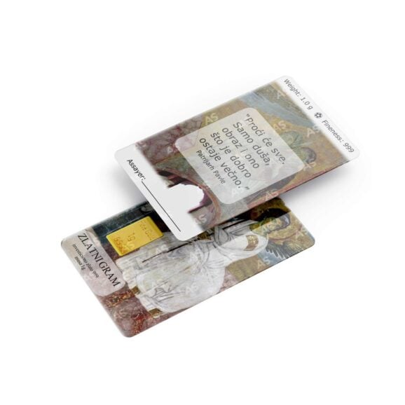 Zlatni gram kartica sa 1g fine gold, čistoće 999, investiciono zlato u vidu poluge u blisteru, poklon, motiv beli anđeo