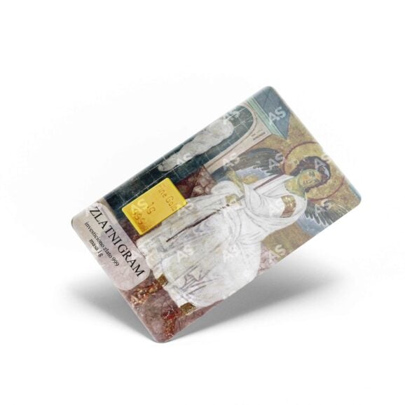 Zlatni gram kartica sa 1g fine gold, čistoće 999, investiciono zlato u vidu poluge u blisteru, poklon, motiv beli anđeo