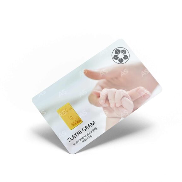 Zlatni gram kartica sa 1g fine gold, čistoće 999, investiciono zlato u vidu poluge u blisteru, poklon, motiv rođenje deteta, rođenje bebe