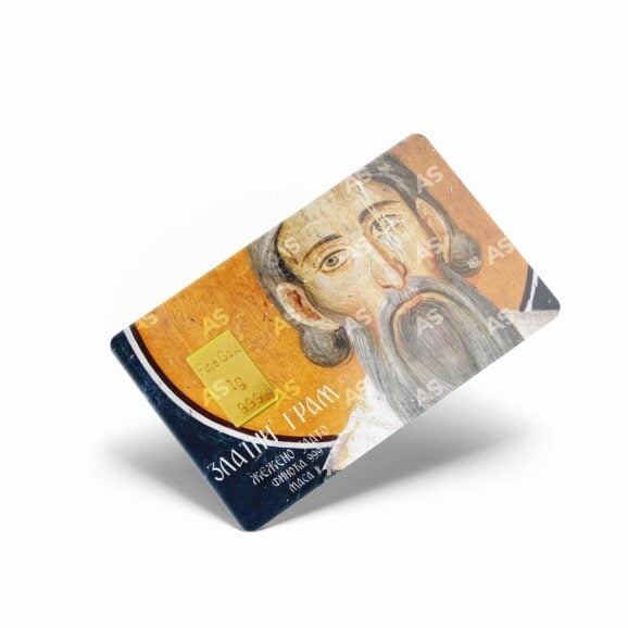 Zlatni gram kartica sa 1g fine gold, čistoće 999, investiciono zlato u vidu poluge u blisteru, poklon, motiv sveti sava