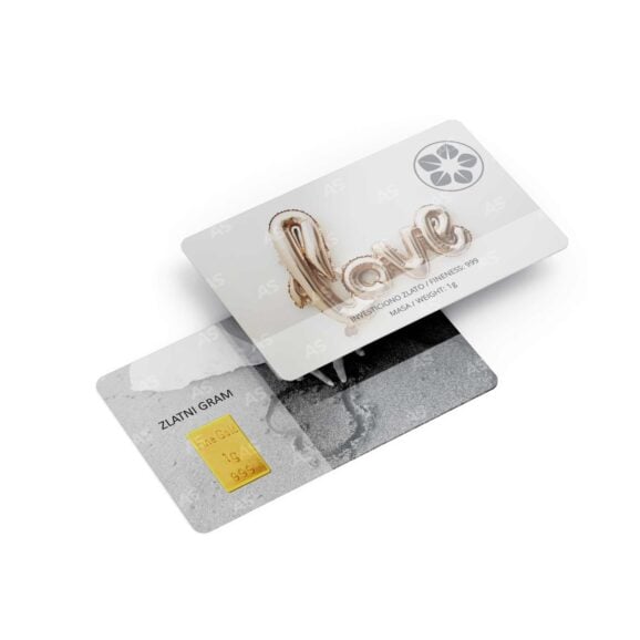 Zlatni gram kartica sa 1g fine gold, čistoće 999, investiciono zlato u vidu poluge u blisteru, poklon, motiv venčanje
