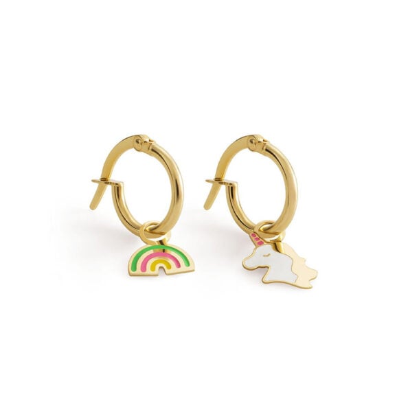 LeBebe Primegioie minđuše za decu model 058 od zlata sa motivom duge i jednoroga, emajlom u raznim bojama