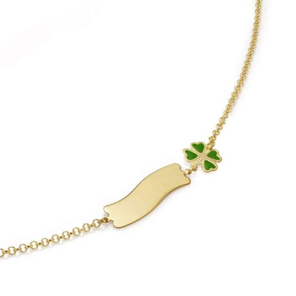 Zlatna narukvica za decu sa pločicom LeBebe Primegioie narukvica za decu 027 od zlata sa motivom deteline i pločice za graviranje