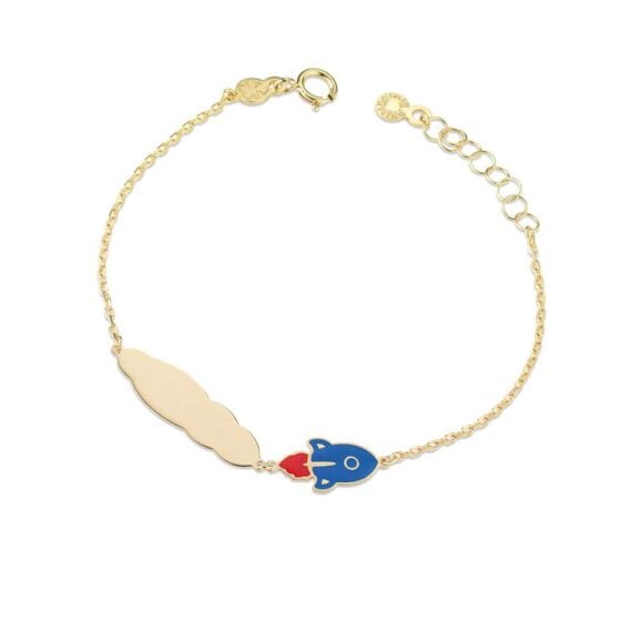 Zlatna narukvica za decu sa motivom LeBebe Primegioie narukvica za decu 142 od zlata sa motivom plave rakete i pločicom za graviranje