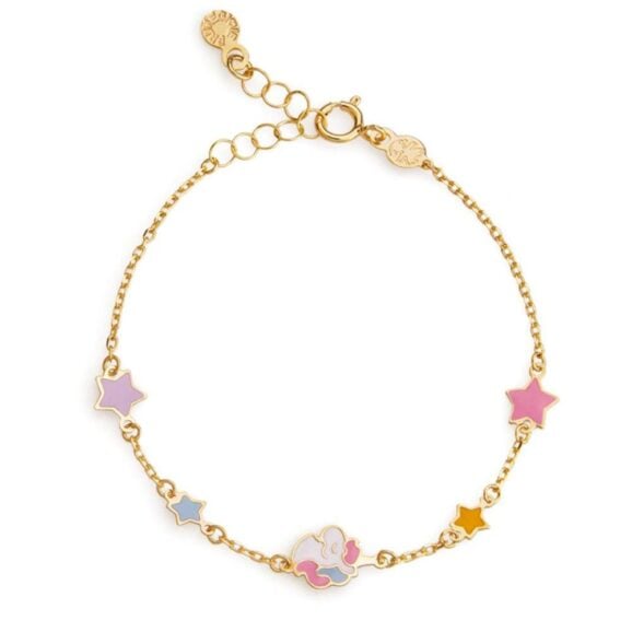 Zlatna narukvica za decu sa emajliranim motivom LeBebe Primegioie narukvica za decu 175 od zlata sa motivom jednoroga i zvezdica u bojama