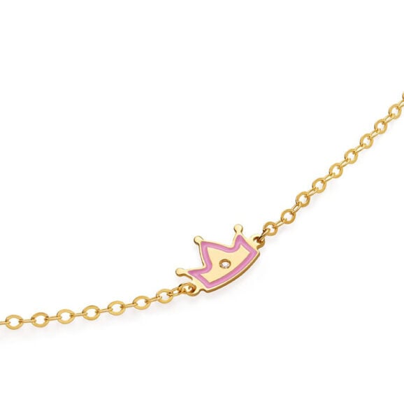 Zlatna narukvica za decu sa emajliranim motivom LeBebe Primegioie narukvica za decu model 201 od zlata sa motivom krune, i roze emajlom i dijamantom 0,003ct