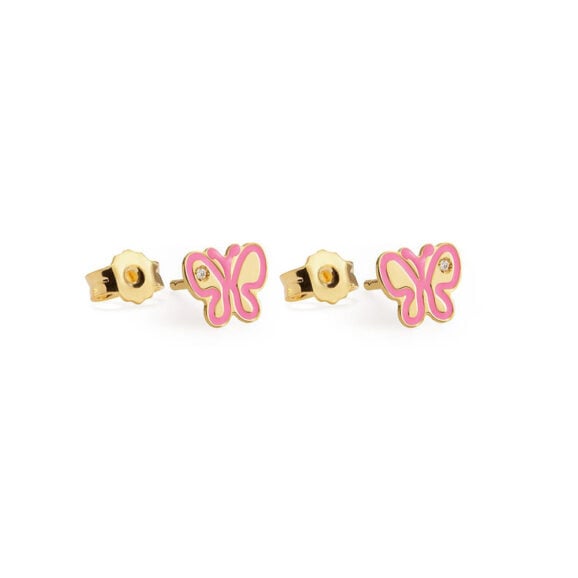 zlatne minđuše za decu LeBebe Primegioie minđuše za decu model 202 od zlata sa motivom leptira, i roze emajlom i dijamantom 0,003ct