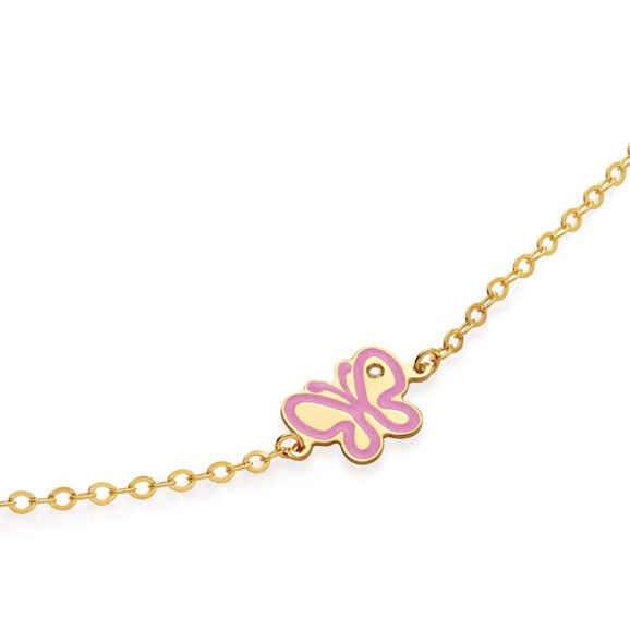 Zlatna narukvica za decu sa emajliranim motivom LeBebe Primegioie narukvica za decu model 203 od zlata sa motivom leptira, i roze emajlom i dijamantom 0,003ct