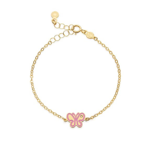 Zlatna narukvica za decu sa emajliranim motivom Zlatna narukvica za decu sa emajliranim motivom LeBebe Primegioie narukvica za decu model 203 od zlata sa motivom leptira, i roze emajlom i dijamantom 0,003ct