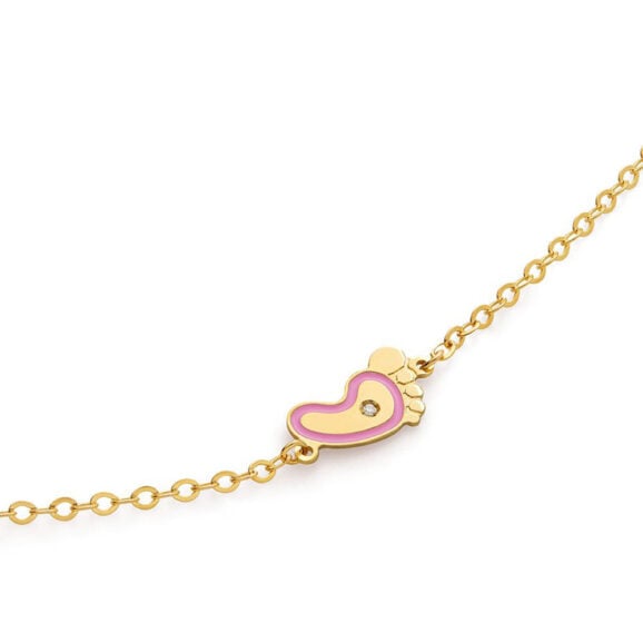 Zlatna narukvica za decu sa emajliranim motivom LeBebe Primegioie narukvica za decu model 205 od zlata sa motivom stopala, i roze emajlom i dijamantom 0,003ct