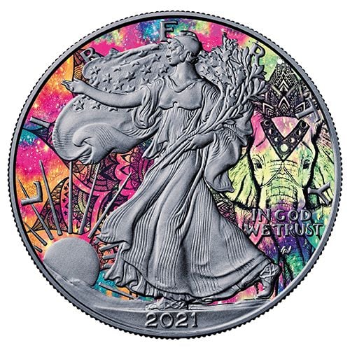 American eagle – slon, serija spirit animal, numizmatika kolorizovani srebrni novčić, 1 unca, 2021.