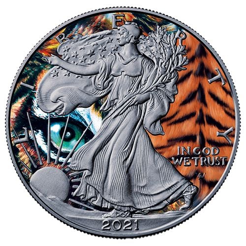 American eagle – tigar, serija spirit animal, numizmatika kolorizovani srebrni novčić, 1 unca, 2021.