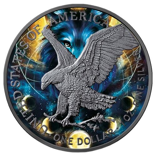 American eagle – vuk, serija spirit animal, numizmatika kolorizovani srebrni novčić, 1 unca, 2021.