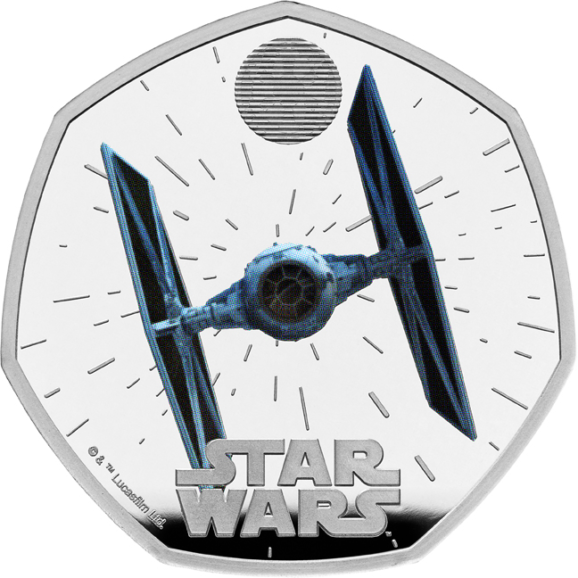 Predstavljamo vam ekskluzivan kolekcionarski primerak – srebrni novčić sa motivom legendarnog TIE Fighter-a, čuvenog imperijalnog lovca iz kultnog univerzuma Star Wars, izrađen od strane prestižne britanske kovnice The Royal Mint.