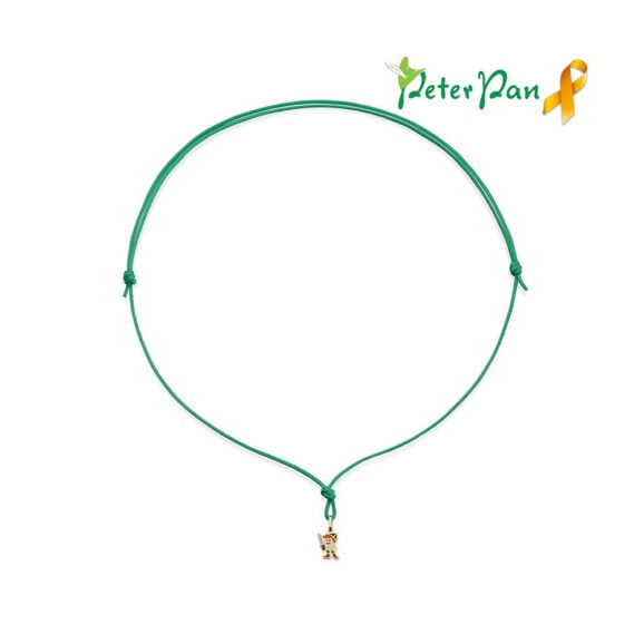 zlatni privezak za decu na zelenom koncu LeBebe Primegioie ogrlica za decu 099/p od zlata sa motivom Petar Pan