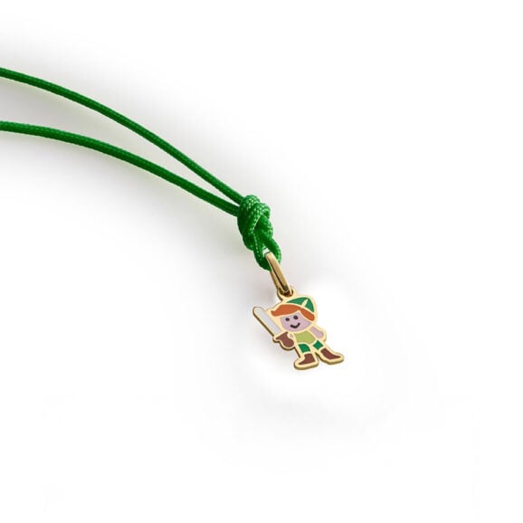 zlatni privezak za decu na zelenom koncu LeBebe Primegioie ogrlica za decu 099/p od zlata sa motivom Petar Pan