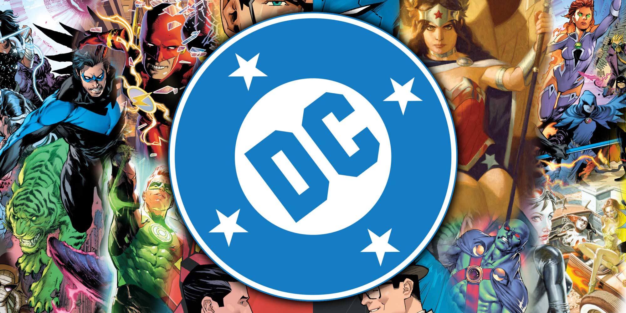 DC Comics logo sa likovima superherojima iz ovog sveta stripa i filma