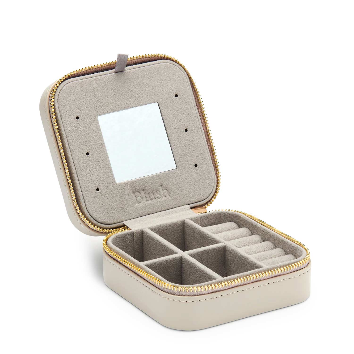 Putna kutija za nakit sa ogledalom u bež boji, pogodna za odlaganje prstenja, minđuša, ogrlica sa blush logoom