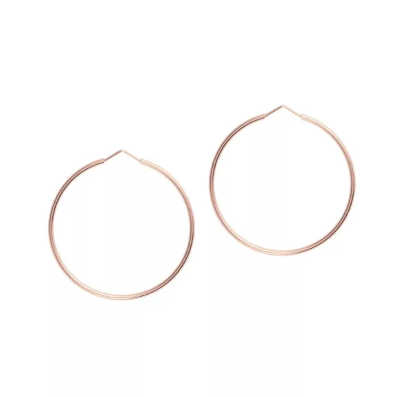 Elegantan par tankih okruglih minđuša u boji roze zlata, minimalistčki dizajn, prikazane sprijeda na beloj pozadini