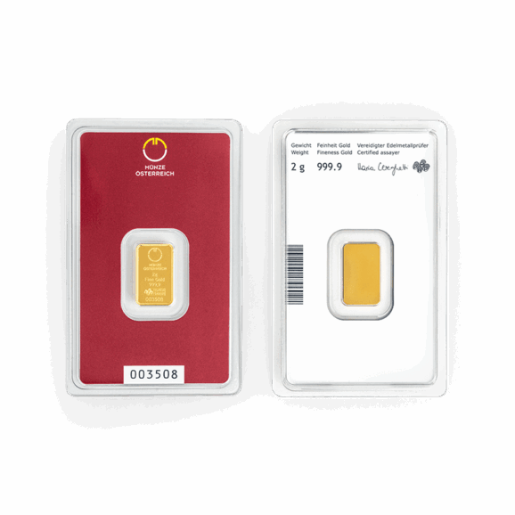 Austria mint münze östtereich investiciono zlato zlatna poluga u blisteru 2g prednja i zadnja strana blistera sertifikat