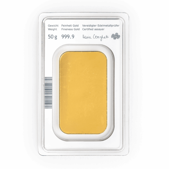 Austria mint münze östtereich investiciono zlato zlatna poluga u blisteru 50g zadnja strana blistera sertifikat