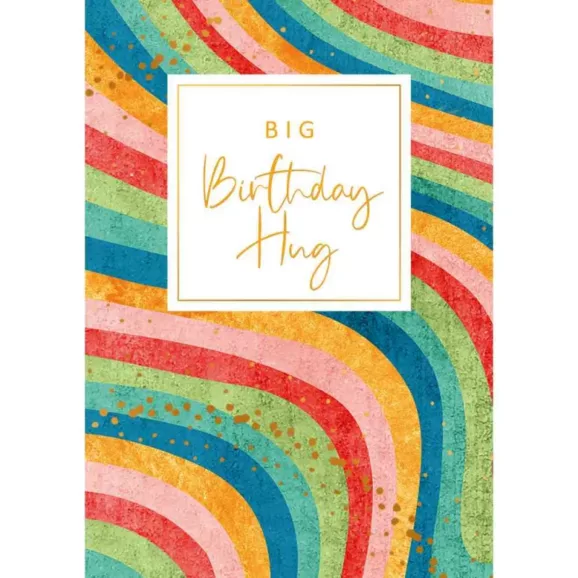 Rođendanska čestitka sa šarenim talasastim prugama u plavoj, narandžastoj, zelenoj i roze boji i zlatnim natpisom 'Big Birthday Hug' (Veliki rođendanski zagrljaj).