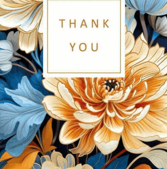 Čestitka sa raskošnim cvetovima u plavim i zlatnim tonovima i kvadratom sa zlatnim natpisom 'Thank you' (Hvala ti).