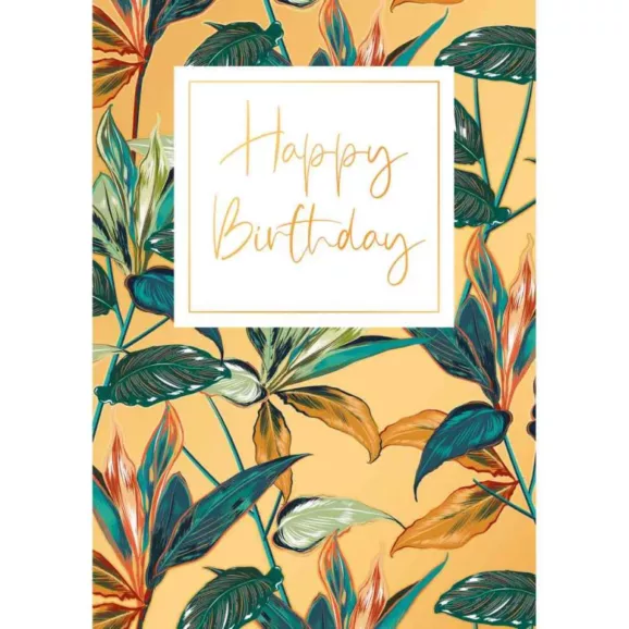 Rođendanska čestitka sa tropskim listovima i kvadratom sa zlatnim natpisom 'Happy Birthday' (Srećan rođendan).