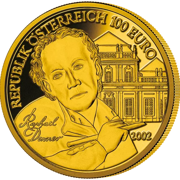 100 eur republik österreich – raphael donner 2002, zlato finoće 986, 16. 23 g revers