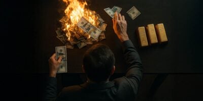 Čovek spaljuje dolare dok se pored njega nalaze poluge od zlata, investiciono zlato