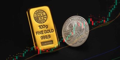 Zlatna poluga i srebrna kovanica iznad grafikona