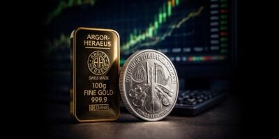 Zlatna poluga argor heraeus od 100g i srebrna bečka filharmonija na stolu pored digitrona, ispred ekrana sa grafikonima kretanja cene