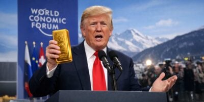 Donald tramp drži zlato u ruci i govor u davosu