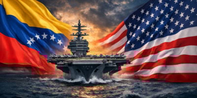 Američki nosač aviona između zastave venecuele i amerike